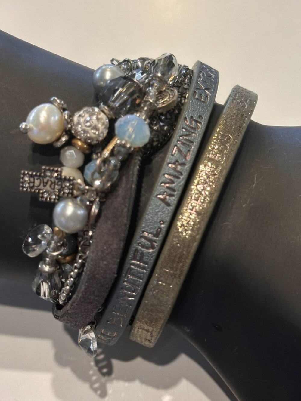 Good Works Bracelet Silver Tone Beaded Leather Multi Strap Magnetic Clasp